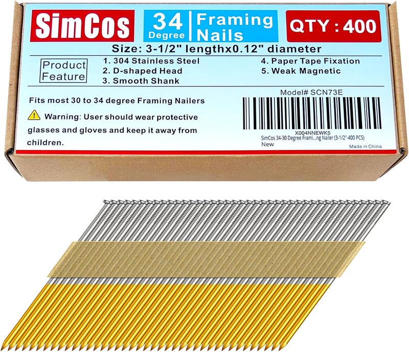 SimCos 34-30 Degree Framing Nails 304 Stainless Steel D Head Paper Tape Strip Nails for 30 to 34 degree Framing Nailer (3-1/2"-400 PCS) - Image 1